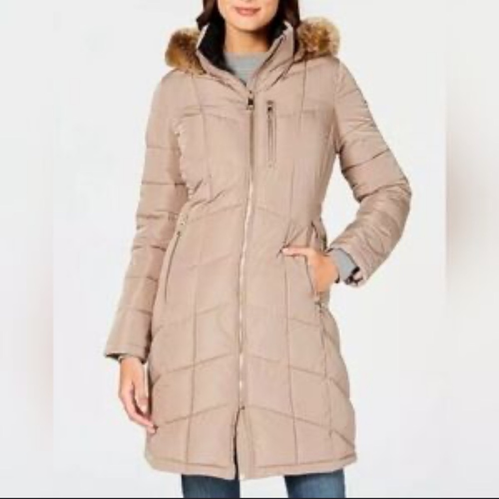 Calvin Klein Faux Fur-Trim Hooded Puffer Cream Coat Size XXL